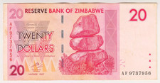 2007 Zimbabwe 20 Dollars 9737956 Paper Money Banknotes Currency