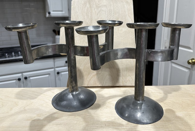 Antique Pair Karl Raichle Bauhaus German Hand-Forged Pewter Candlesticks 1930s
