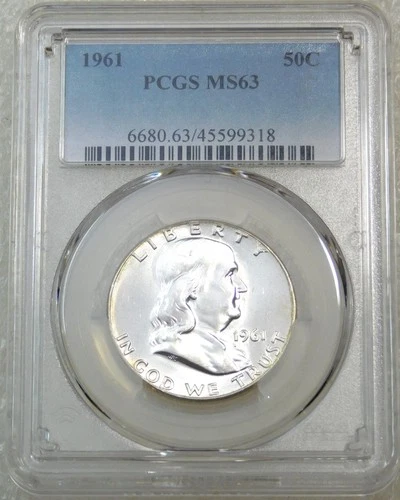 1961 P Franklin Half Dollar PCGS MS63 95% Bell Lines Frosty White PQ #P278B