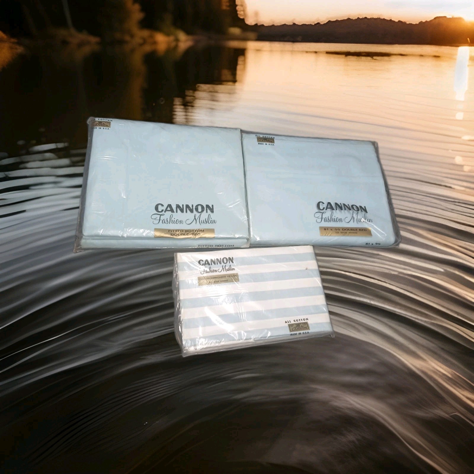 1960s Vintage Cannon Muslin Flat & Fitted Sheet Double Bed With Pillowcase ~ NOS