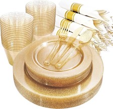 112Pcs Gold Glitter Plastic Plates,Gold Disposable Dinnerware - Gold Plastic