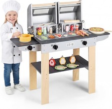 Kids BBQ Grill Playset, 2-Tier Wooden Barbecue Toy w/ 2 Grills  Flip-Top Covers