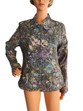 J.Bee Floral Tapestry Green Jacket Boho Artsy Button Front Cotton Blend Size L