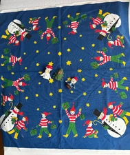 Vtg 1950's Swedish Table Cloth Runner Elves Gifts Snowman Stars +3 FingerPuppets