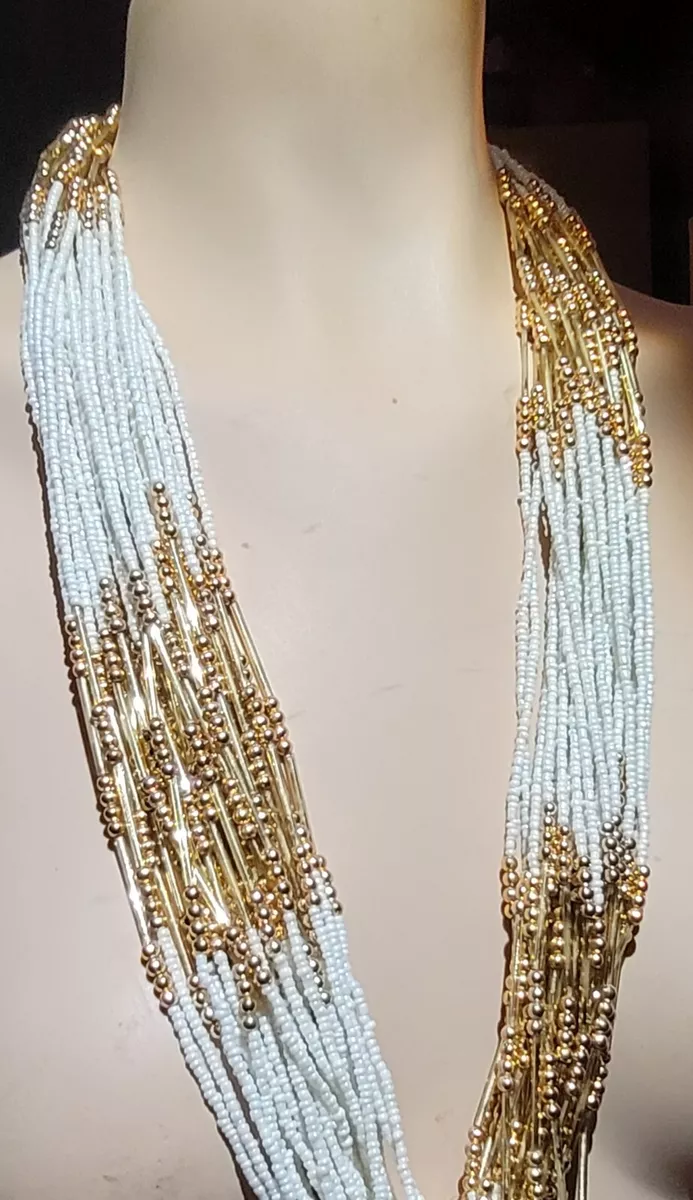 Multi Strand White & Gold Seed Bead With Glass Bugle Beads