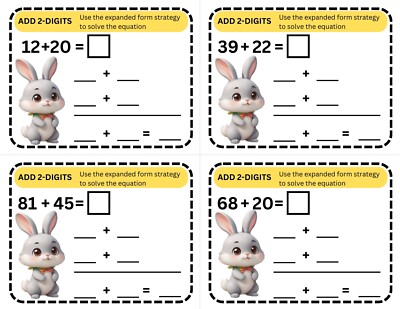ADDITION 2-DIGIT  Set#3 - no Regrouping - 36 Cards - Laminated Activity - Bunny