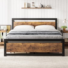 Bed Frame Full/Queen/King Size With Wooden Headboard Metal Platform