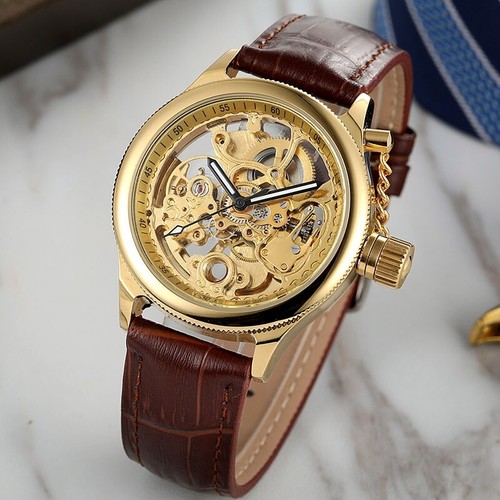 Forsining Luxury Skeleton Mechanical Watch Leather Band Mens Automatic
