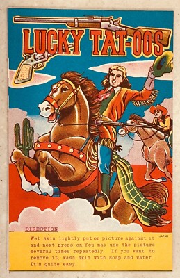 MINT 1950s LUCKY TAT-OOS Temporary Tattoo DIME STORE BOOKLET Western Military