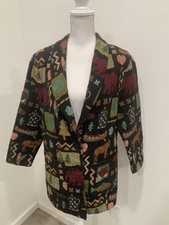 Vtg Sunbelt Sz M Multicolor Rustic Lodge Button Jacket Coat Moose Bear Fish Usa