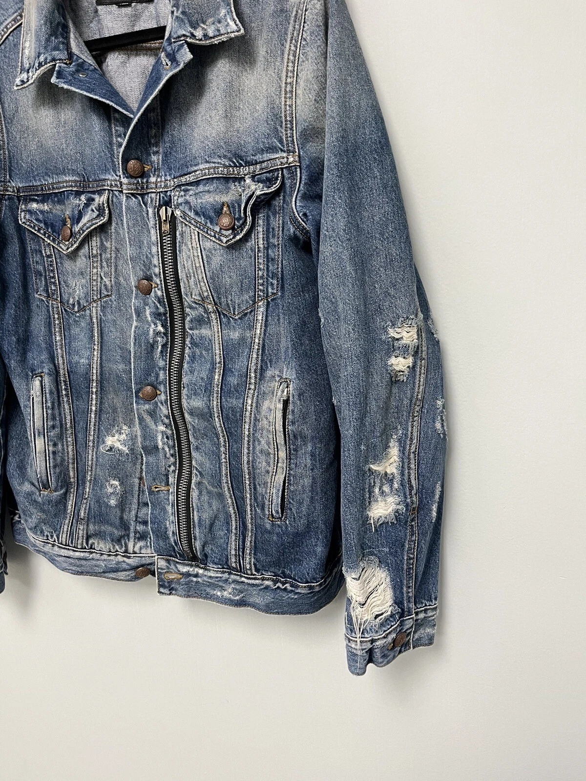 $1250 R13 Distressed Zipper Trucker Blue Jacket Large - product detail image 19