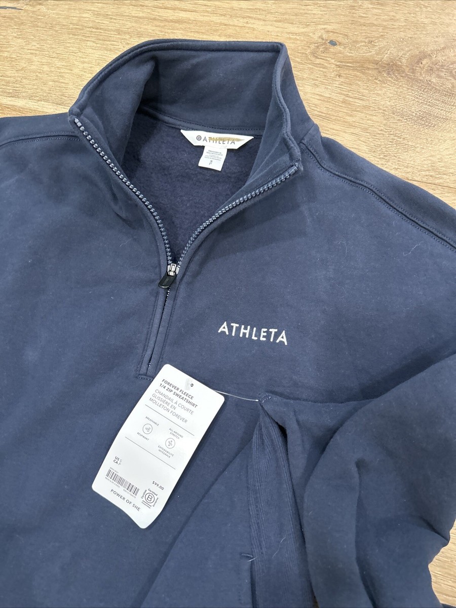 NWT Athleta Forever Fleece 1/4 Zip Sweatshirt S Small Navy Logo