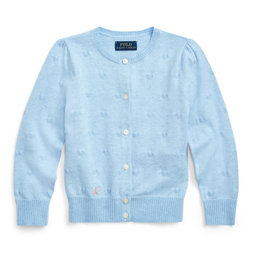 Ralph Lauren LIGHT BLUE HEATHER Girls Knit-Heart Cotton Cardigan, US Large