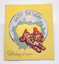 Vintage Birthday Card 1940s 1950s Dog Clown Circus Flocked Unused Happy Puppy