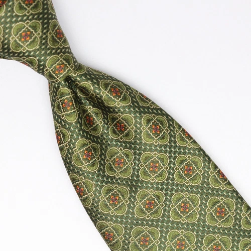 Josiah France Mens Silk Necktie Green Orange Tonal Mosaic Weave Woven Tie Italy