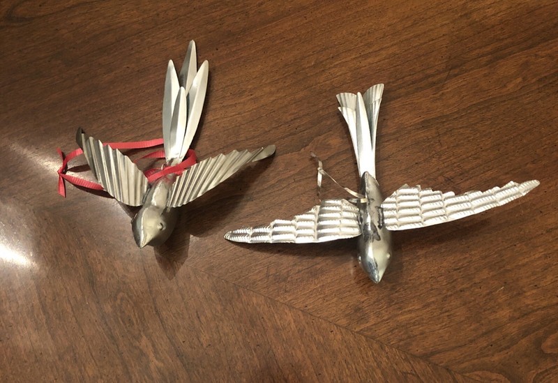 Rare Set Of  2 BIRD Metal Christmas Ornaments 7” Birds In Flight Aluminum?
