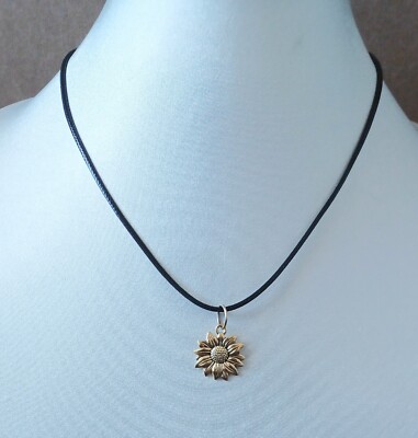 Y2K 2000's 90's Style Black Cord Necklace With Gold Tone Sunflower Pendant Charm