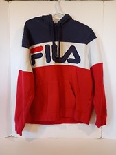 Vintage FILA Hoodie Mens L Red White Blue Sweatshirt Embroidered Spellout Patch