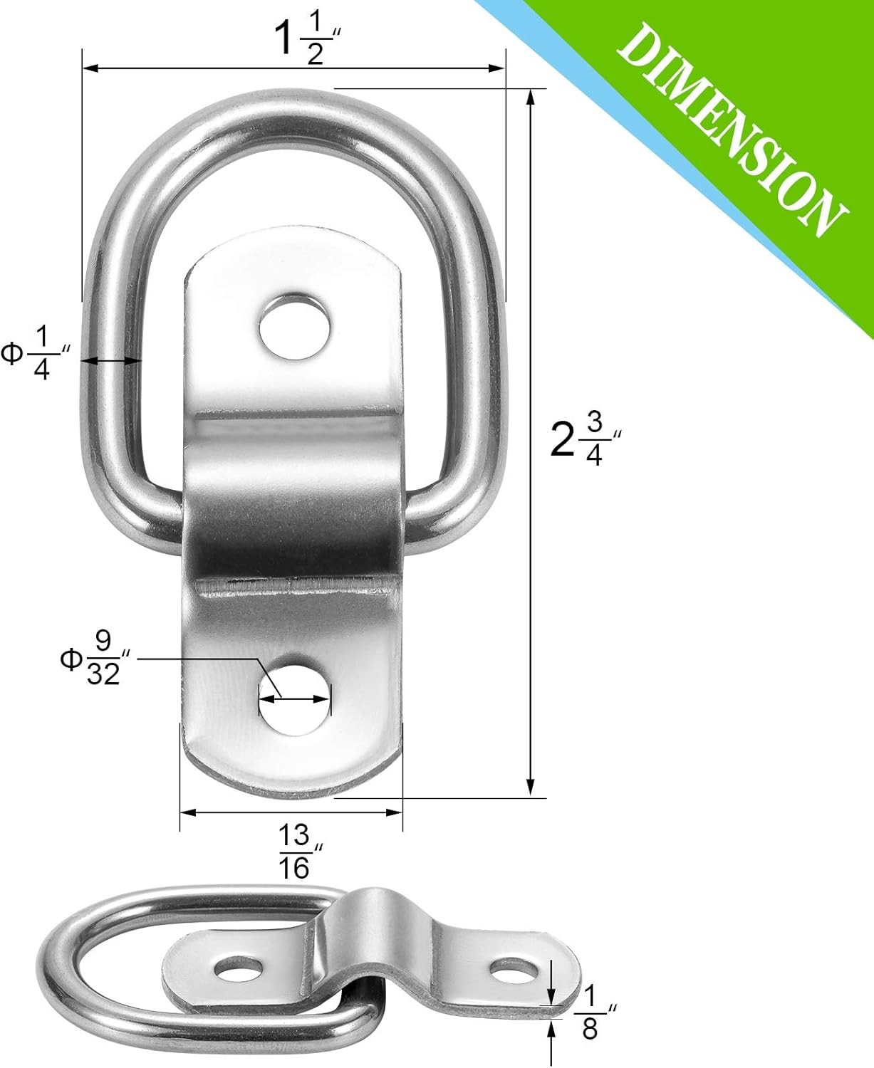 CZC AUTO 6 Pack D Ring Tie Down Anchors 1/4" Heavy 6 Pack, Stainless Steel 