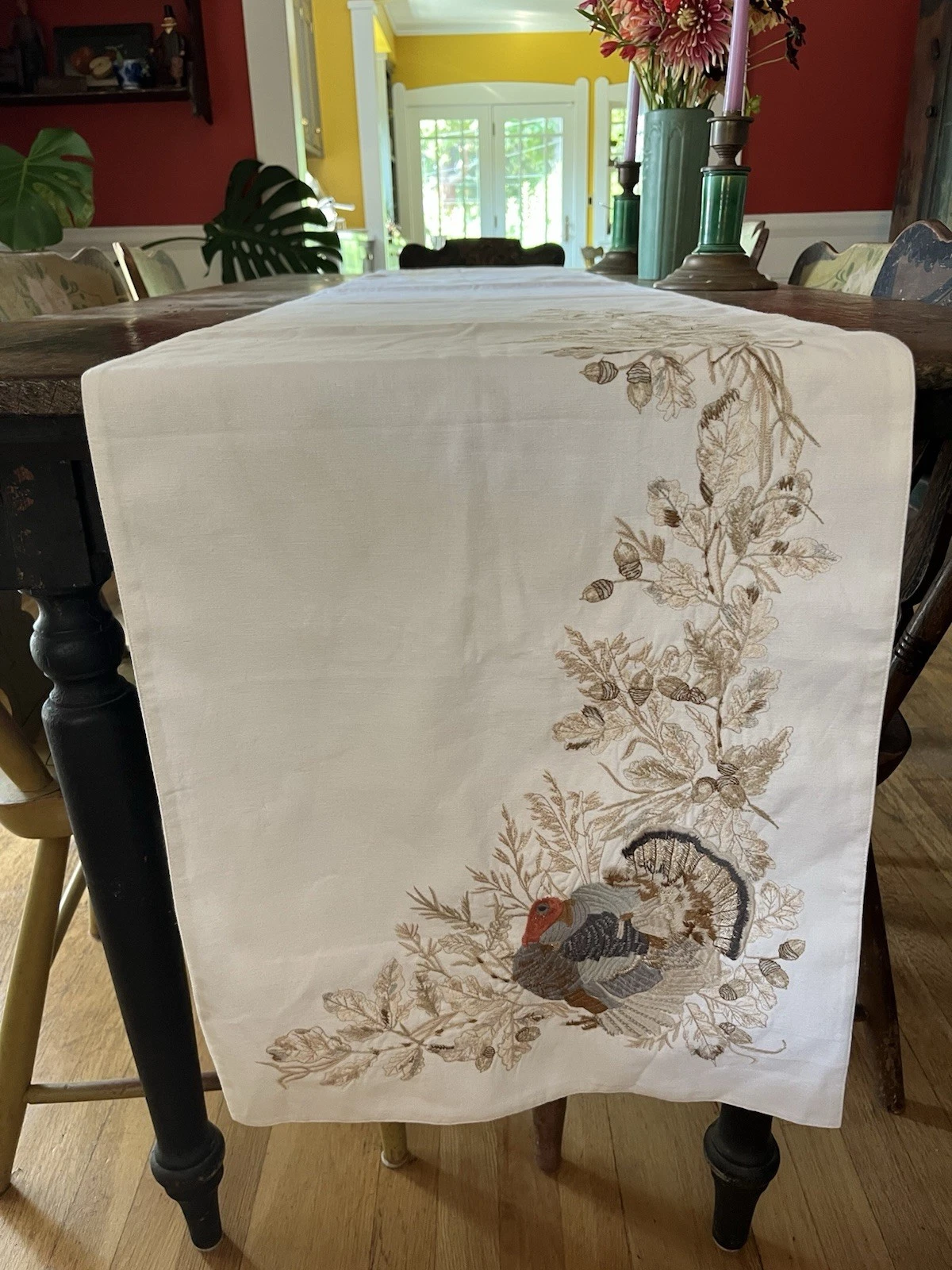 Williams Sonoma Plymouth Turkey Embroidered Thanksgiving Table Runner 16x108