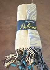 Jacquard Pashmina Style Animal Print Fringe Scarf Wrap Tan Gray Blue