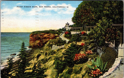 San Pedro CA Point Fermin Park Catalina View Linen Postcard [AB]