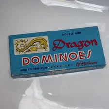 Vintage Dragon Dominoes Double Nine Set 55 Pieces Colored Dots Halsam USA Box