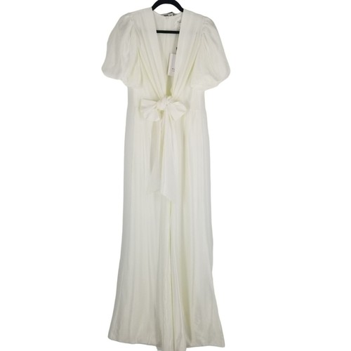NWT Galvan London Eden Plunging Wide Leg White Satin Bridal Jumpsuit Puff Sleeve - Picture 11 of 21