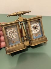 Bronze Doppel Miniatur Kutschenuhr mit handbemalten blauen Porzellantafeln