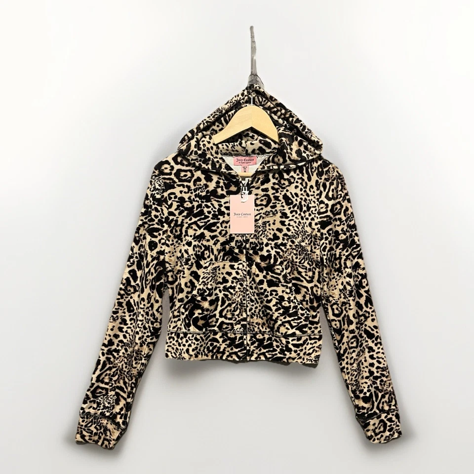 NWT Juicy Couture Bling Velour Track Hoodie Jacket Womens Sz M Ocelot Leopard - Image 2 of 4