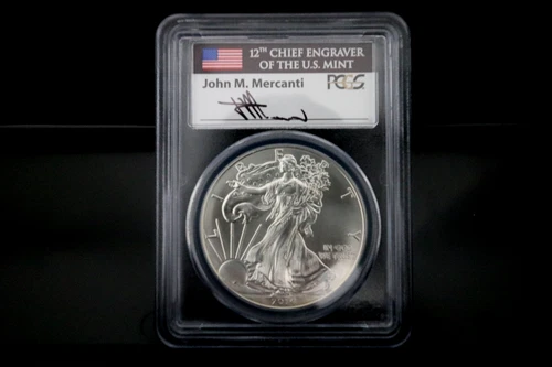 2014 AMERICAN SILVER EAGLE PCGS MS70 JOHN MERCANTI SIGNED FLAG LABEL~Perfect!