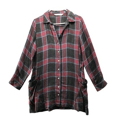 Zara Basic Lightweight Flannel Tunic Shirt Womens S Red Gray Plaid Boho Grunge