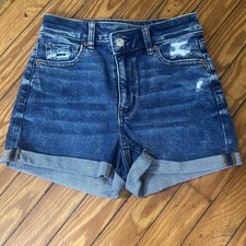 American Eagle Denim Shorts Size 00 Dark Wash Distressed Pockets Cuffed Hem