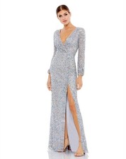 Mac Duggal 5213 Long Sleeve Sequin Column Gown Sz 10 Silver Mrsp $498