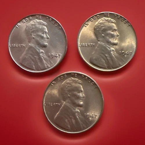 1947-P 1947-D 1947-S GEM BU LINCOLN WHEAT PENNY CENT 3-COIN SET Actual Coins1280