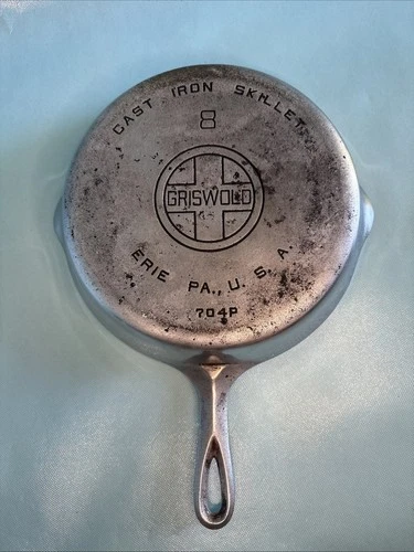 Vintage Griswold #8 Large Logo 704 P Cast Iron Skillet Nickel Plate Double Spout