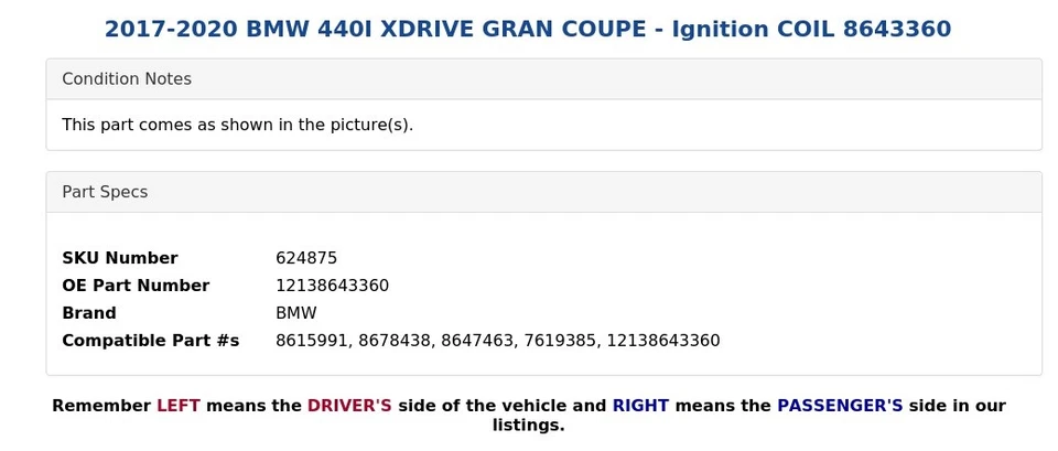 BMW 440I XDRIVE 2017-2020 gran cupé - bobina de encendido 8643360 Foto 4 de 4