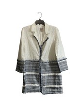 Chicos Sz 1 Open Front Embellished Eyelet Topper Jacket 3/4 Sleeve White Blue