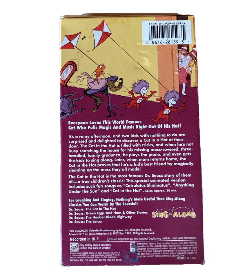 Dr Seuss The Cat in the Hat VHS 1994 Animated Sing-Along Classics See Desc. Foto 2 de 4