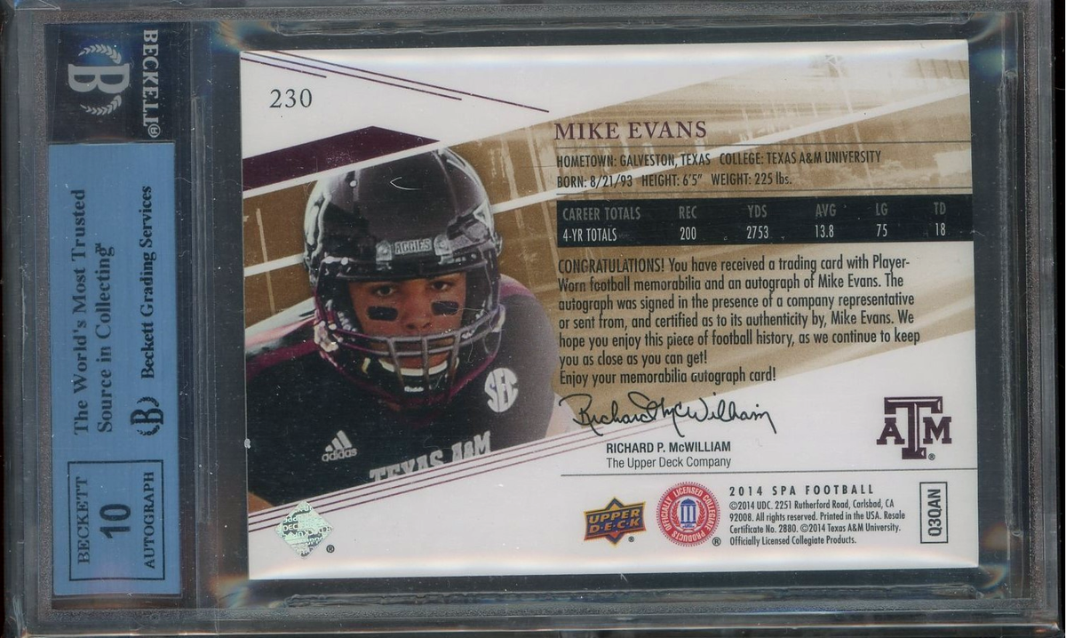 2014 SP Authentic Mike Evans Rookie Auto Patch RC Autograph 1/1 