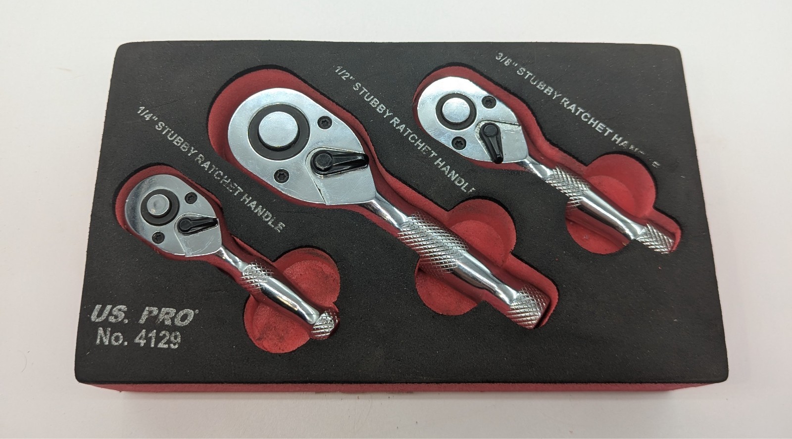 US PRO 4129 3pc Stubby Ratchet Handle Set 1/4" 3/8" 1/2" Drive + Case image 4