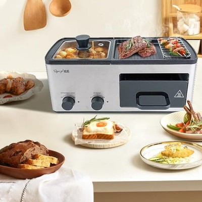 4 in 1 Breakfast Maker Station with Indoor Grill/Griddle/Toast Drawer/Frying Bas