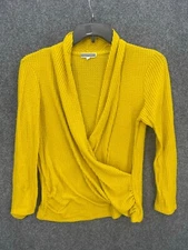 Pleione Top Womens Large Gold Waffle Knit Mock Wrap Shawl Collar Long Sleeve