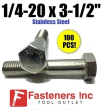 (Qty 100) 1/4-20 x 3-1/2" Stainless Steel Hex Cap Screw / Bolt 18-8 / 304