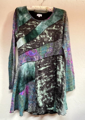 Adore Womens Long Sleeve Patchwork Waffle Knit Tunic Top Medium Black Boho