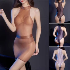Womens Ultra Sheer Shiny Leotard Mini Dress Bodycon Party Club Cocktail Lingerie