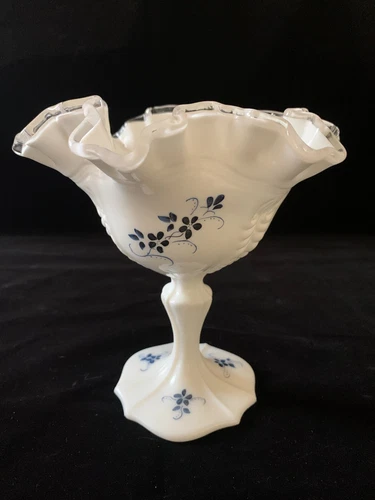 Vintage Fenton Empress Comport Silver Crest Elizabeth Blue Floral 6" SIGNED DA