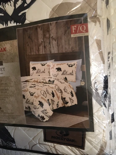 MOSSY OAK QUEEN QUILT 3 PC SET Bears Wolves Deer 2-SHAMS Rustic Cabin NWT