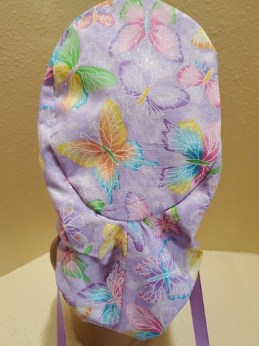 Sparkle Butterflies Purple Women's Ponytail Surgical Scrub Hat/Cap Handmade - Picture 8 of 9