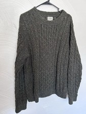 LL Bean Aran Chunky New Wool Green Cable-Knit Fisherman Pullover Crew Sweater M
